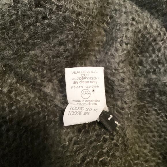 Vintage Olive 100% Wool Mohair? 100% Silk Trim Draped Shawl Neck Cardigan M/L - Picture 8 of 10